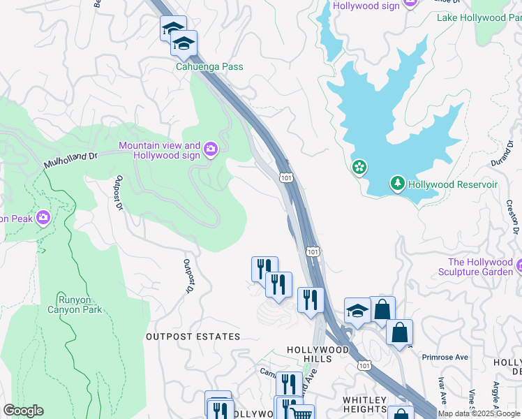 map of restaurants, bars, coffee shops, grocery stores, and more near 6702 Hillpark Drive in Los Angeles