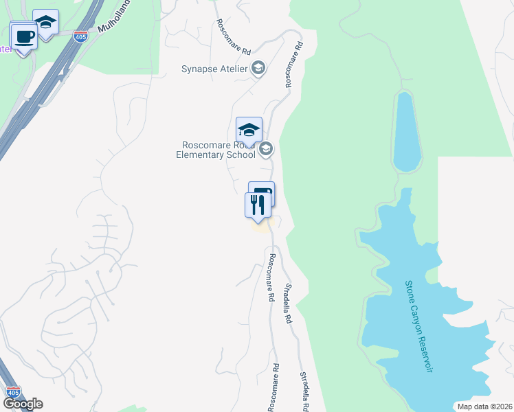 map of restaurants, bars, coffee shops, grocery stores, and more near 2354 Roscomare Road in Los Angeles