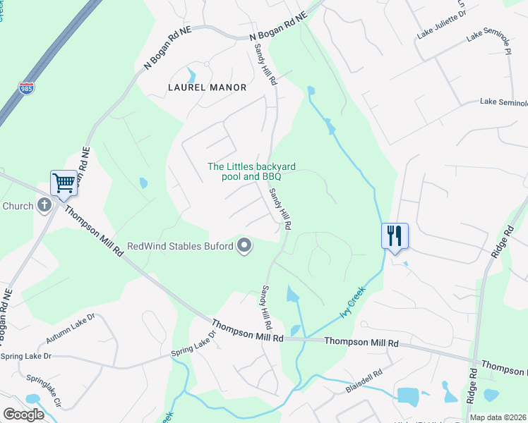map of restaurants, bars, coffee shops, grocery stores, and more near 4022 Copper Creek Way Northeast in Buford