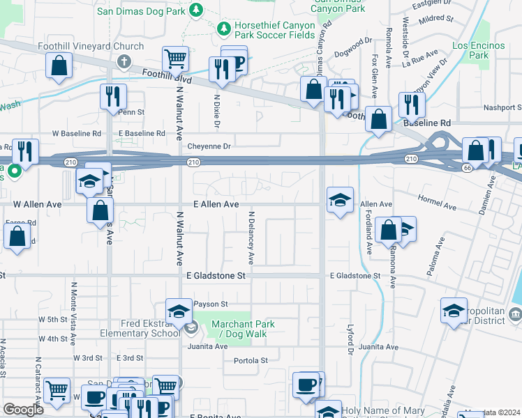 map of restaurants, bars, coffee shops, grocery stores, and more near 514 East Allen Avenue in San Dimas