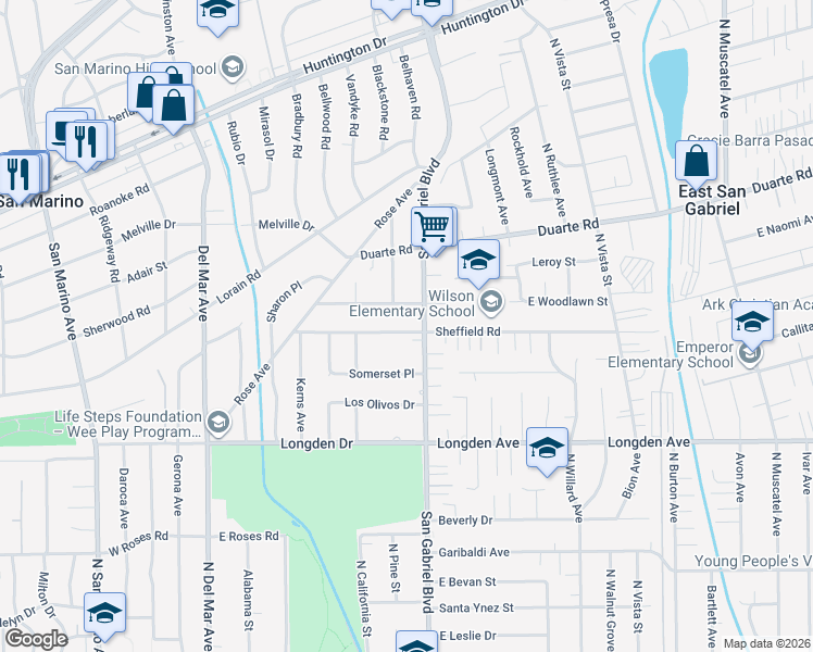 map of restaurants, bars, coffee shops, grocery stores, and more near 2975 Sheffield Road in San Marino