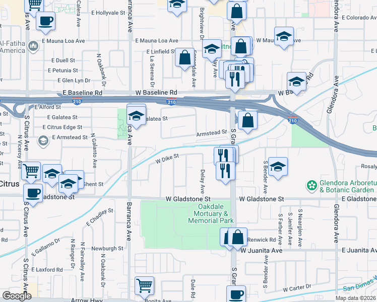 map of restaurants, bars, coffee shops, grocery stores, and more near 727 Dike Street in Glendora