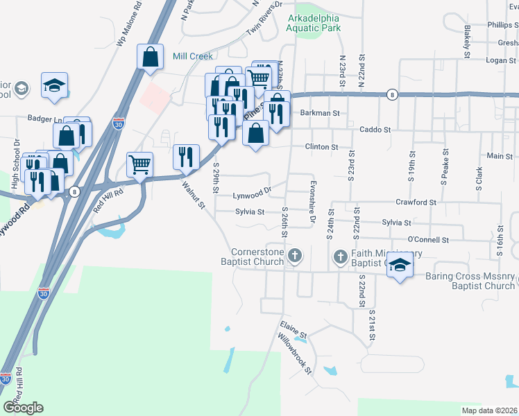map of restaurants, bars, coffee shops, grocery stores, and more near 2818 Sylvia Street in Arkadelphia