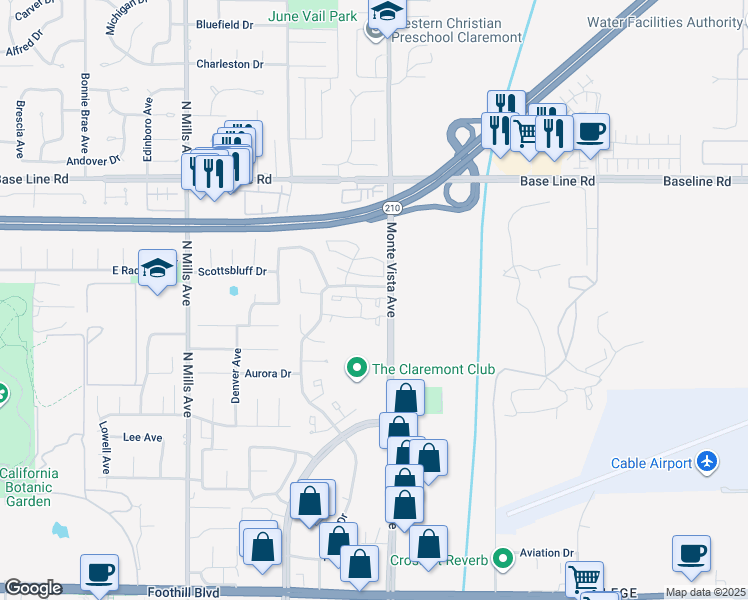 map of restaurants, bars, coffee shops, grocery stores, and more near 860 Wabash Court in Claremont