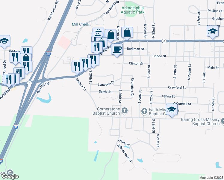 map of restaurants, bars, coffee shops, grocery stores, and more near 2818 Sylvia Street in Arkadelphia