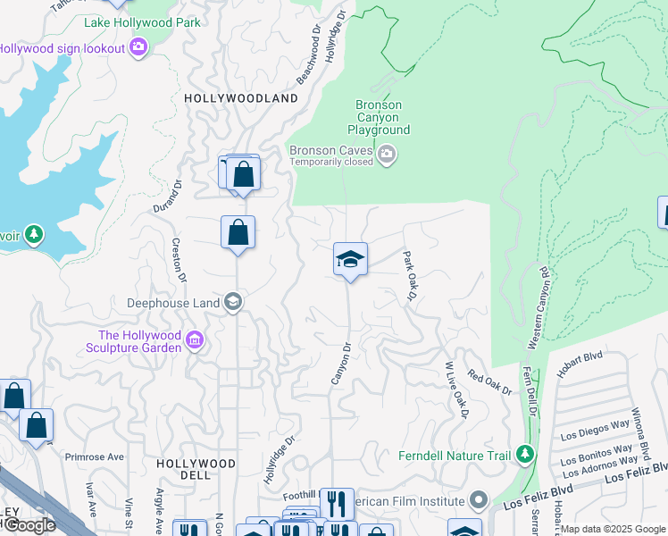 map of restaurants, bars, coffee shops, grocery stores, and more near 5862 Spring Oak Drive in Los Angeles