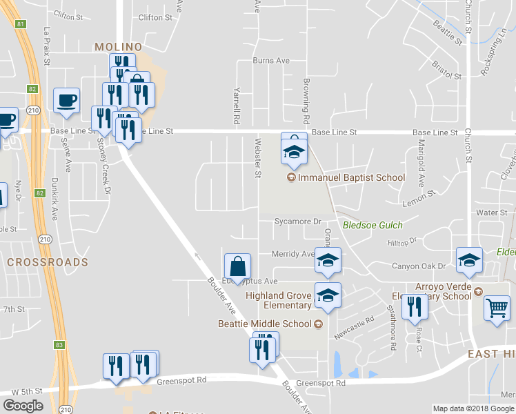 map of restaurants, bars, coffee shops, grocery stores, and more near 7500 Webster Street in Highland