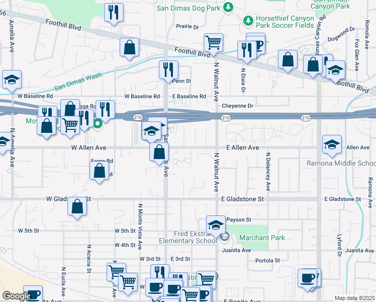 map of restaurants, bars, coffee shops, grocery stores, and more near 891 El Paso Court in San Dimas