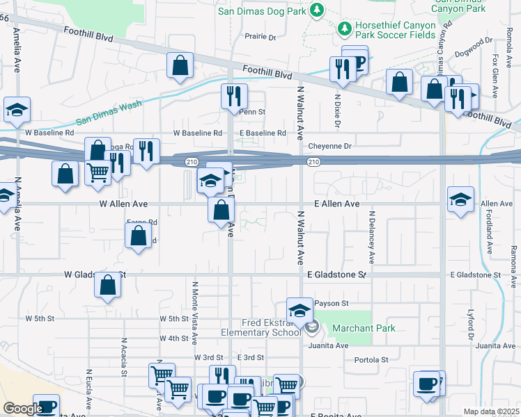 map of restaurants, bars, coffee shops, grocery stores, and more near 891 El Paso Court in San Dimas