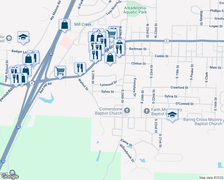 map of restaurants, bars, coffee shops, grocery stores, and more near 2818 Sylvia St in Arkadelphia