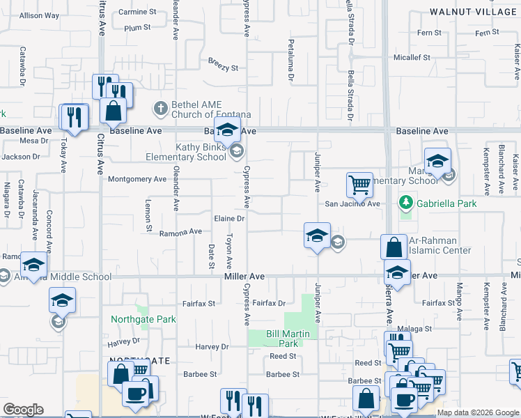 map of restaurants, bars, coffee shops, grocery stores, and more near 16510 Elaine Drive in Fontana