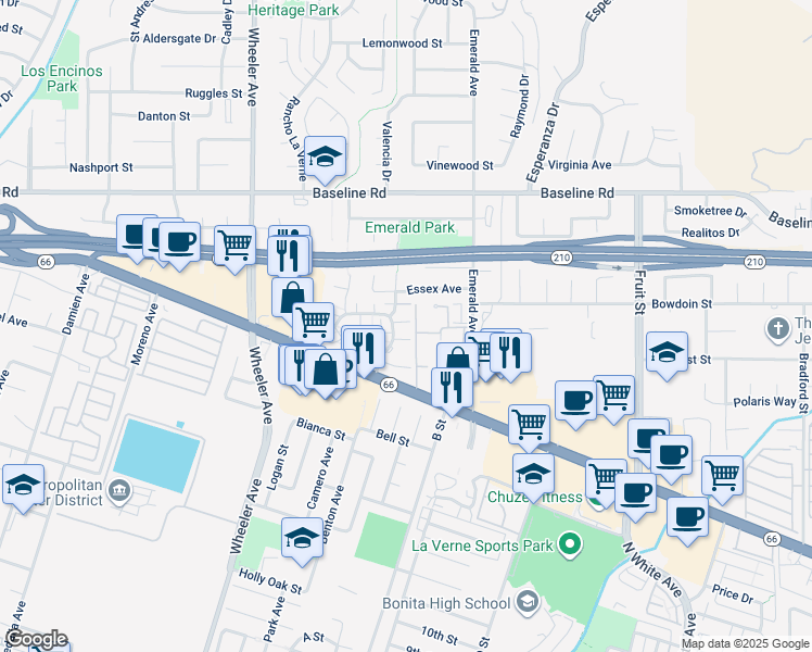 map of restaurants, bars, coffee shops, grocery stores, and more near 3888 Chelsea Drive in La Verne