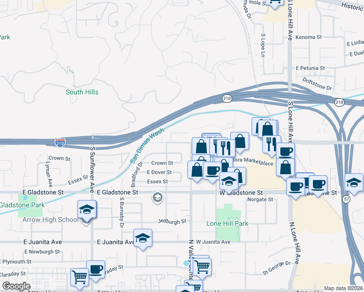 map of restaurants, bars, coffee shops, grocery stores, and more near 1240 East Allen Avenue in Glendora