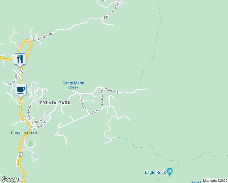 map of restaurants, bars, coffee shops, grocery stores, and more near Paradise Lane in Topanga