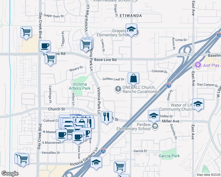 map of restaurants, bars, coffee shops, grocery stores, and more near 12771 Wine Cellar Court in Rancho Cucamonga