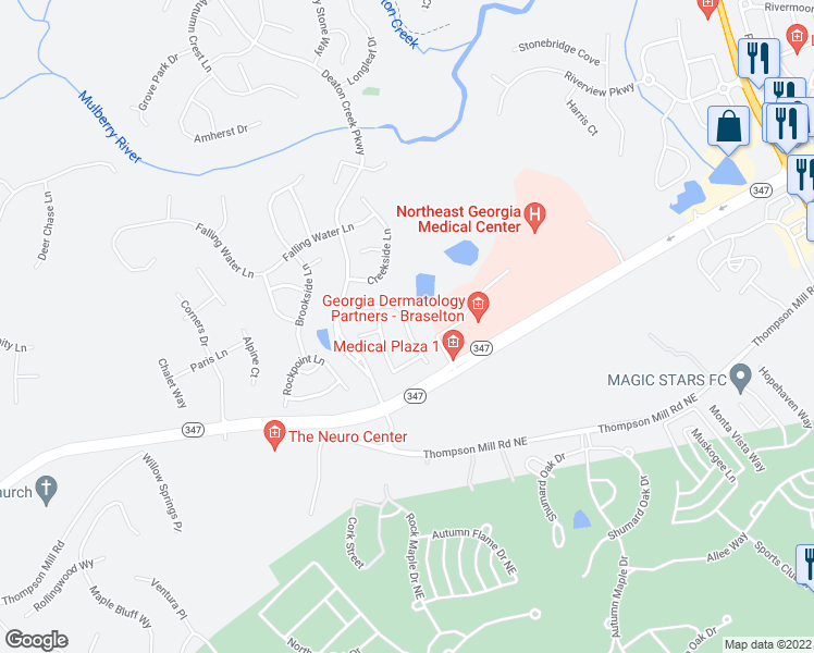 map of restaurants, bars, coffee shops, grocery stores, and more near Chimney Rock Drive in Hoschton