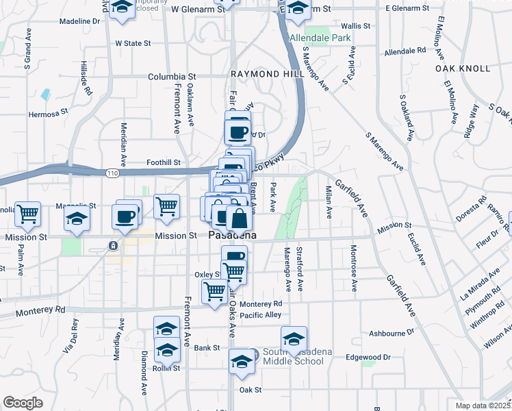 map of restaurants, bars, coffee shops, grocery stores, and more near 724 1/2 Brent Avenue in South Pasadena