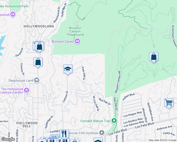 map of restaurants, bars, coffee shops, grocery stores, and more near 5637 Park Oak Place in Los Angeles