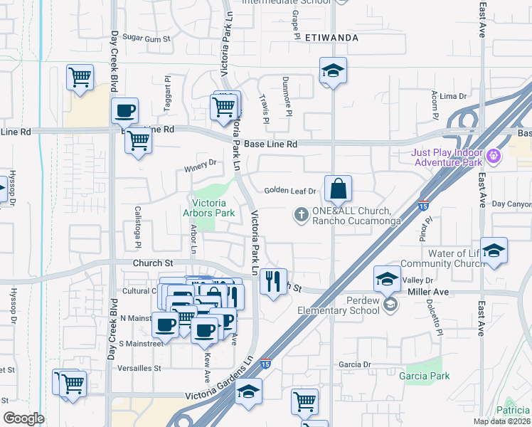 map of restaurants, bars, coffee shops, grocery stores, and more near 12713 Wine Cellar Court in Rancho Cucamonga