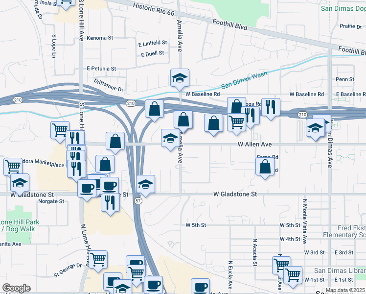 map of restaurants, bars, coffee shops, grocery stores, and more near 688 West Allen Avenue in San Dimas