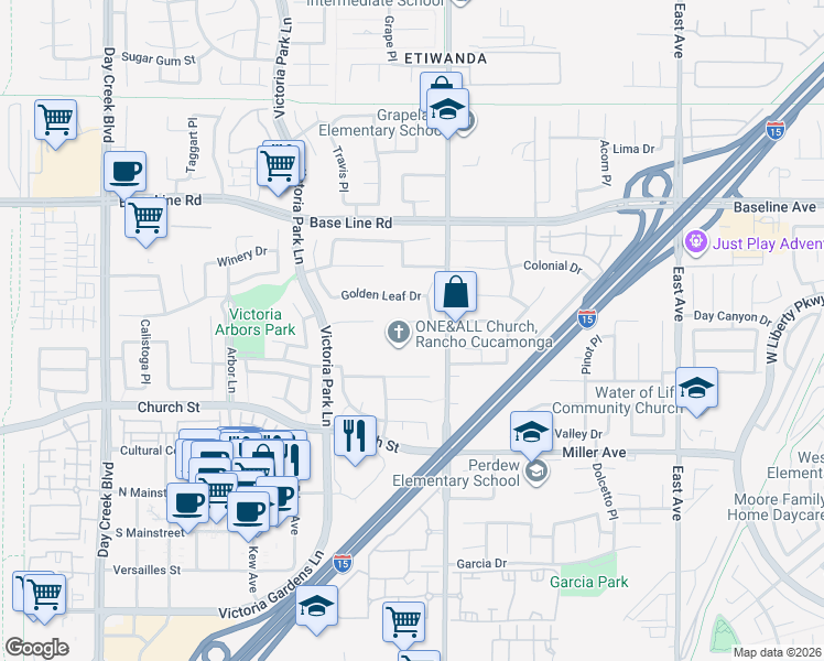 map of restaurants, bars, coffee shops, grocery stores, and more near 12845 Crestfield Court in Rancho Cucamonga