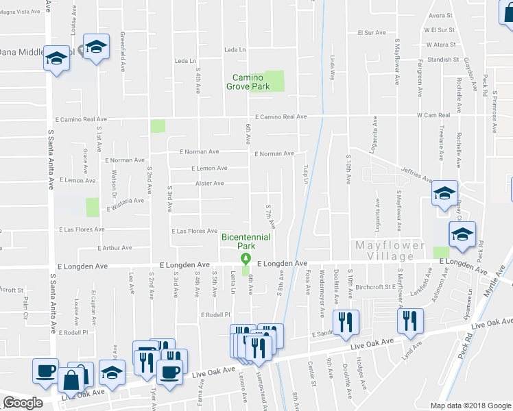 map of restaurants, bars, coffee shops, grocery stores, and more near 1924 6th Avenue in Arcadia
