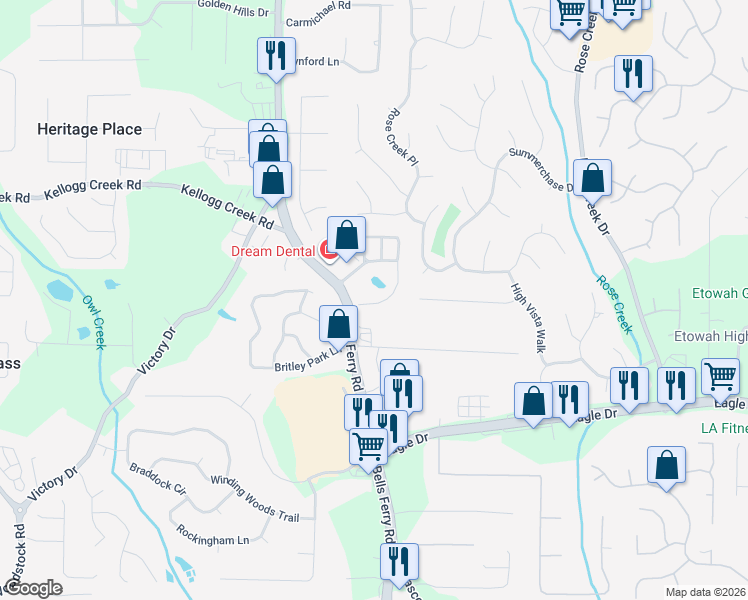 map of restaurants, bars, coffee shops, grocery stores, and more near 530 Mirramont Place in Woodstock