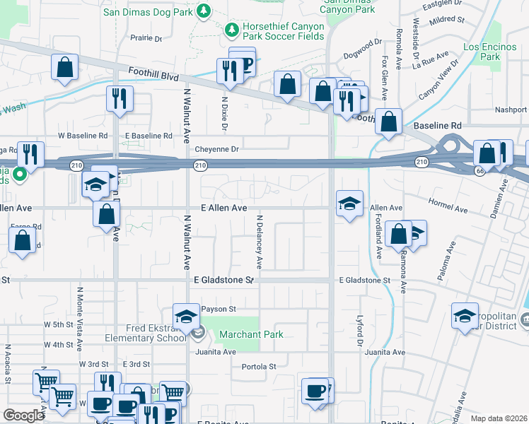 map of restaurants, bars, coffee shops, grocery stores, and more near 846 North Delancey Avenue in San Dimas