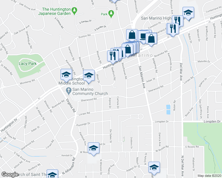 map of restaurants, bars, coffee shops, grocery stores, and more near 1744 Bedford Road in San Marino