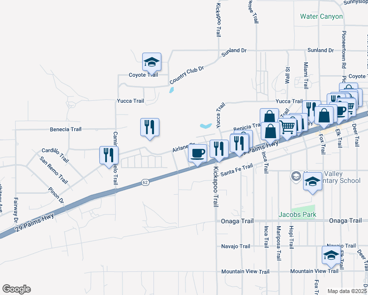 map of restaurants, bars, coffee shops, grocery stores, and more near 7401 Chemehuevi Way in Yucca Valley