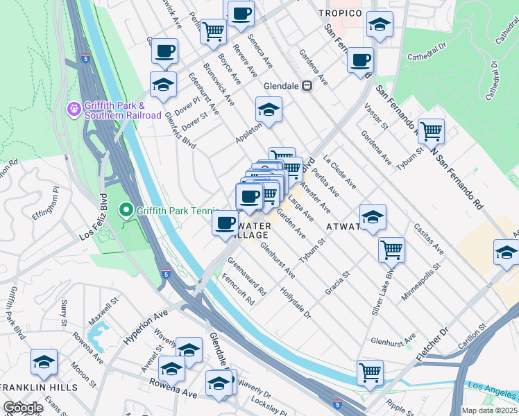 map of restaurants, bars, coffee shops, grocery stores, and more near 3177 Glendale Boulevard in Los Angeles