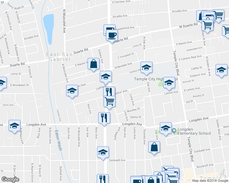 map of restaurants, bars, coffee shops, grocery stores, and more near 9027 Emperor Avenue in San Gabriel