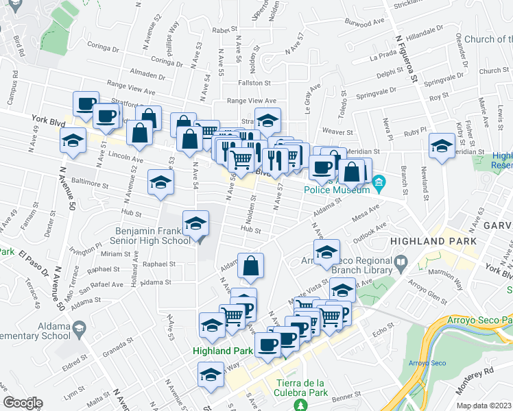 map of restaurants, bars, coffee shops, grocery stores, and more near 5655 Baltimore Street in Los Angeles