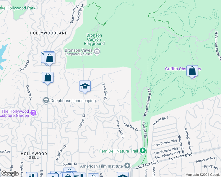 map of restaurants, bars, coffee shops, grocery stores, and more near 5637 Park Oak Place in Los Angeles