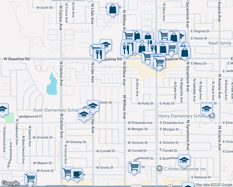 map of restaurants, bars, coffee shops, grocery stores, and more near 991 North Millard Avenue in Rialto
