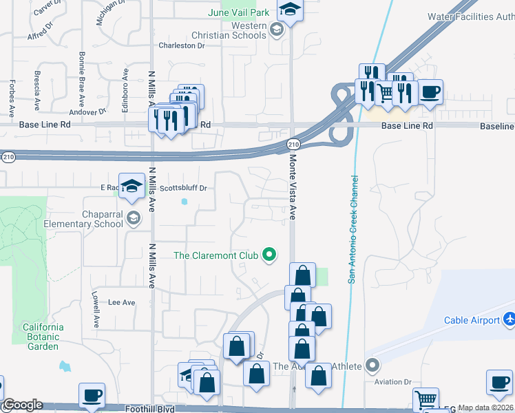 map of restaurants, bars, coffee shops, grocery stores, and more near 821 Manchester Court in Claremont