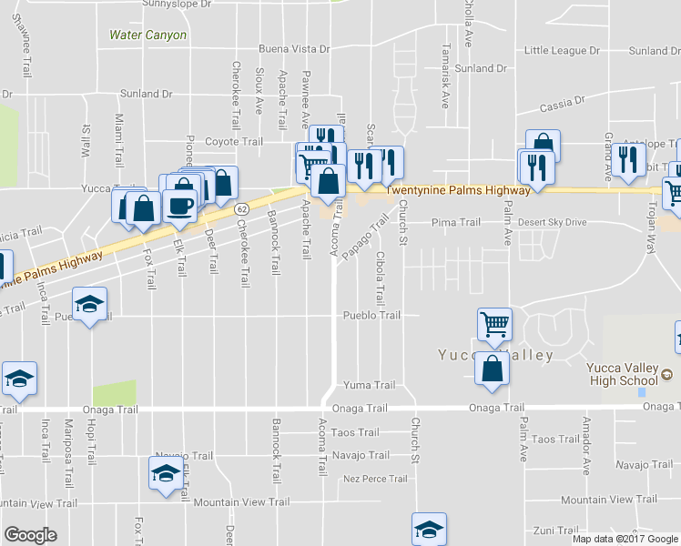 map of restaurants, bars, coffee shops, grocery stores, and more near 7427 Acoma Trail in Yucca Valley