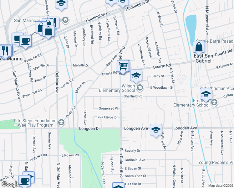 map of restaurants, bars, coffee shops, grocery stores, and more near 2975 Sheffield Road in San Marino