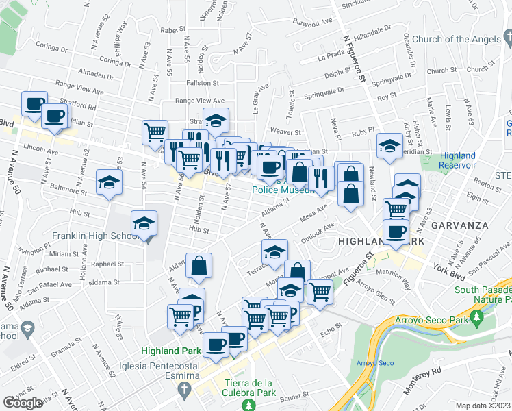 map of restaurants, bars, coffee shops, grocery stores, and more near 5808 Buchanan Street in Los Angeles