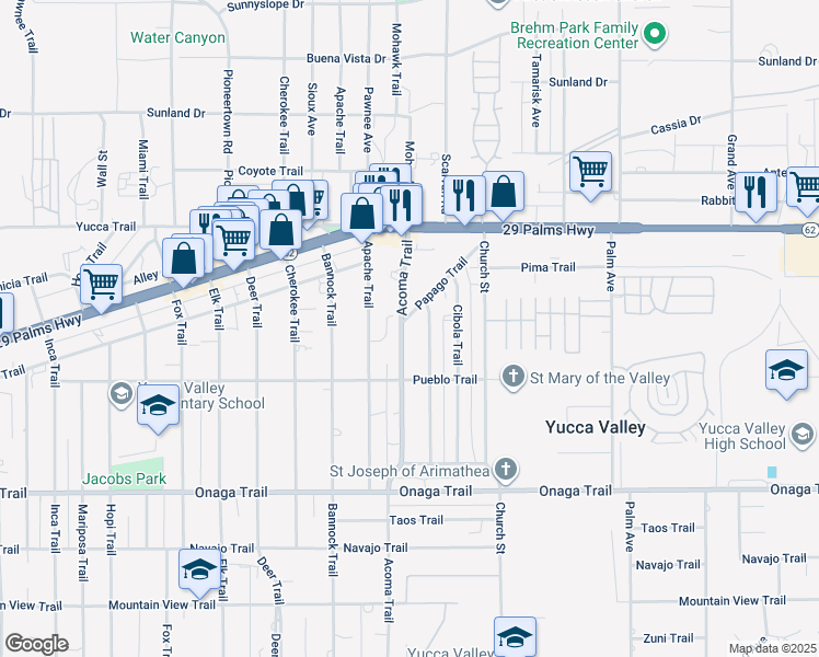 map of restaurants, bars, coffee shops, grocery stores, and more near 7427 Acoma Trail in Yucca Valley