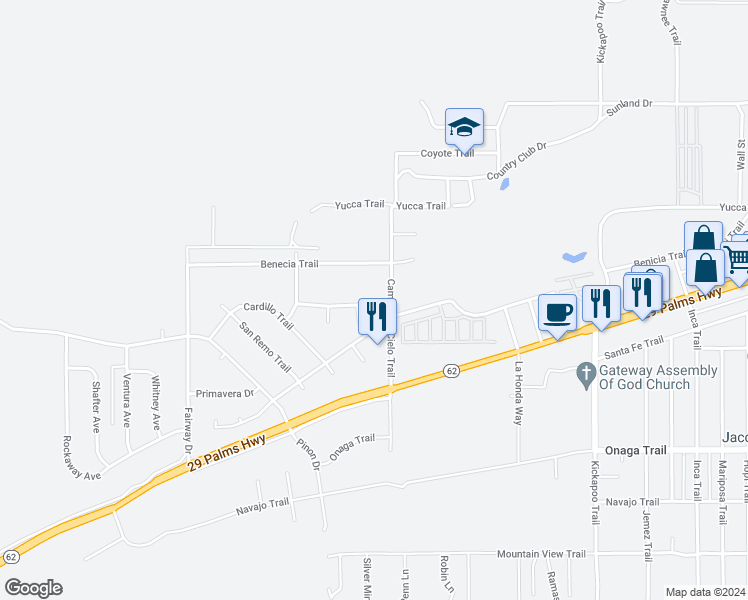 map of restaurants, bars, coffee shops, grocery stores, and more near 54836 El Prado Trail in Yucca Valley