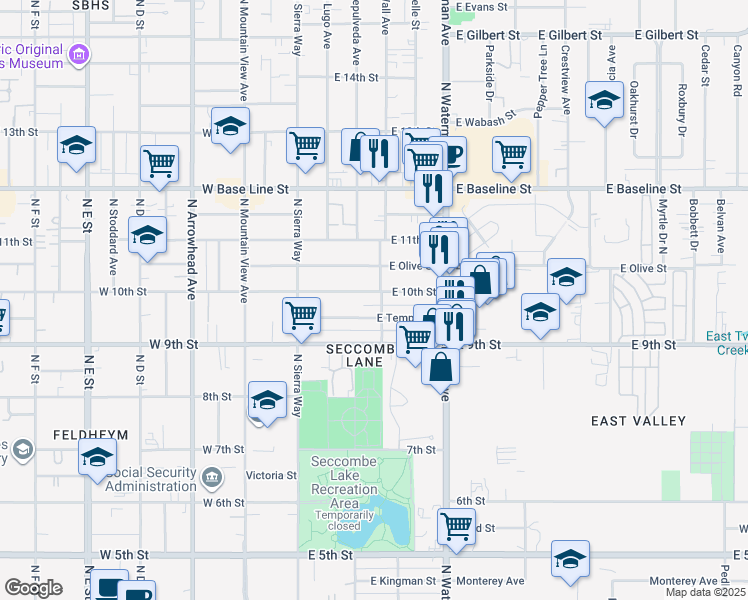 map of restaurants, bars, coffee shops, grocery stores, and more near 217 E 10th St in San Bernardino