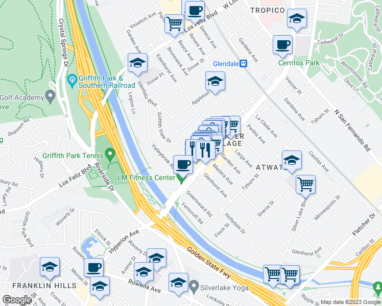 map of restaurants, bars, coffee shops, grocery stores, and more near 3659 Glenfeliz Boulevard in Los Angeles