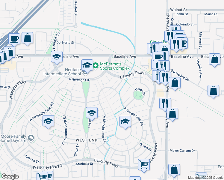 map of restaurants, bars, coffee shops, grocery stores, and more near 14139 Dartmouth Court in Fontana
