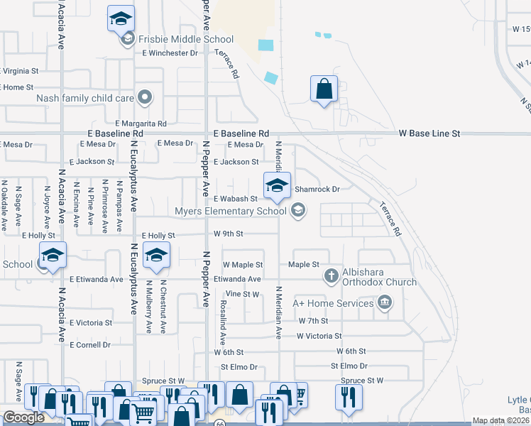 map of restaurants, bars, coffee shops, grocery stores, and more near 1003 Belden Avenue in Rialto
