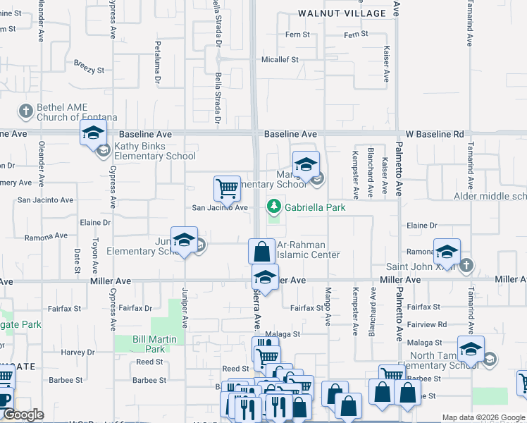 map of restaurants, bars, coffee shops, grocery stores, and more near 7512 Sleepy Creek in Fontana