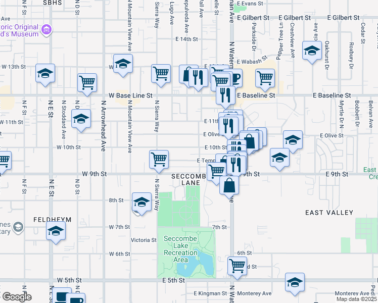 map of restaurants, bars, coffee shops, grocery stores, and more near 217 East 10th Street in San Bernardino
