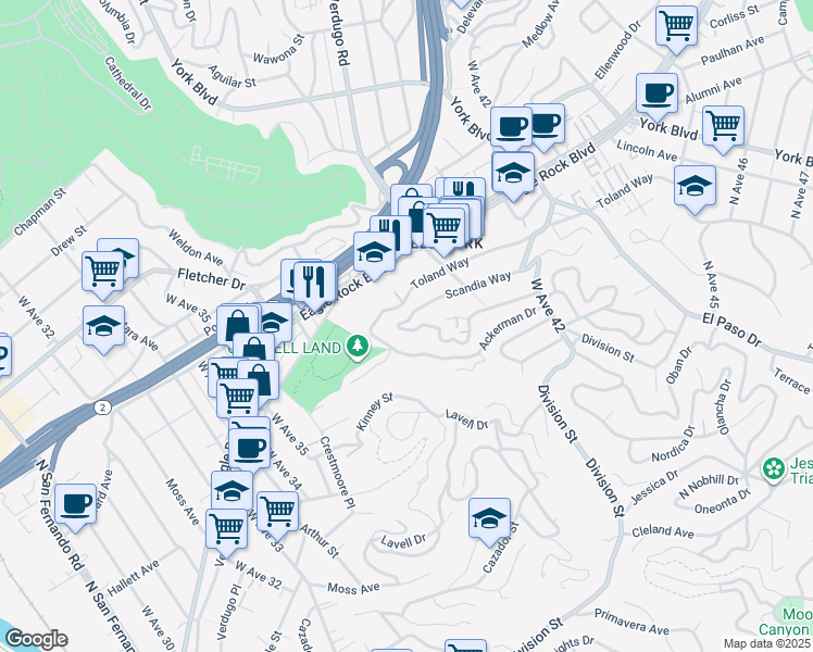 map of restaurants, bars, coffee shops, grocery stores, and more near 3800 Sunbeam Drive in Los Angeles