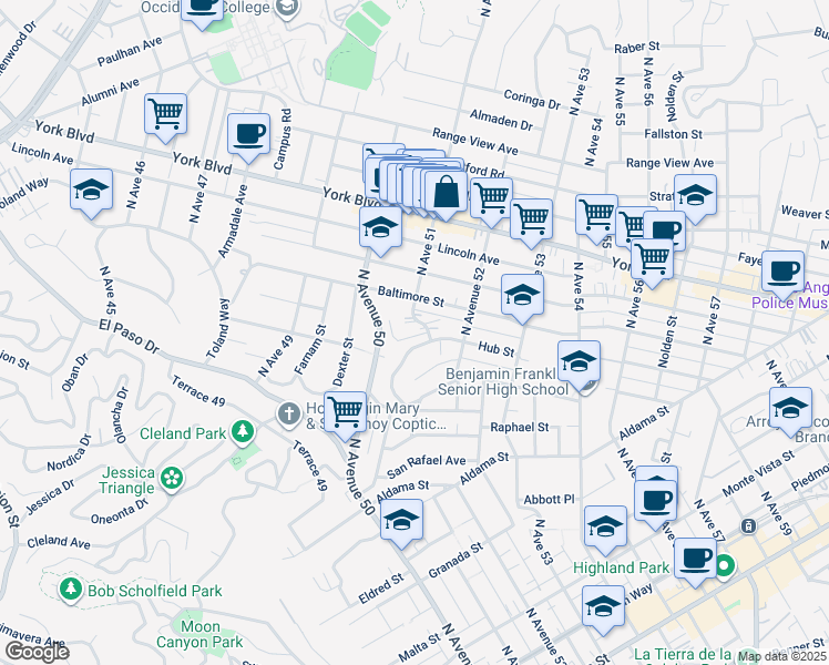 map of restaurants, bars, coffee shops, grocery stores, and more near 5055 Hub Street in Los Angeles