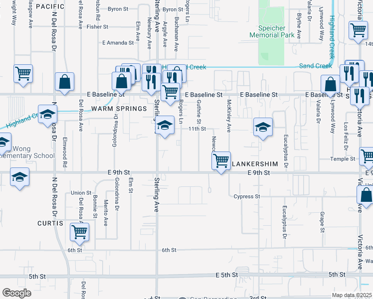 map of restaurants, bars, coffee shops, grocery stores, and more near 7511 Rogers Lane in San Bernardino